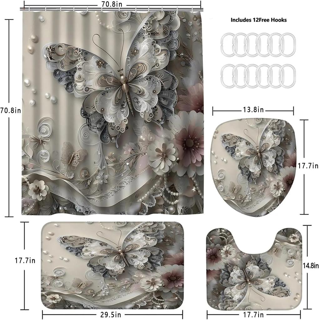 4-teilige Duschvorhang-Sets, Graue Schmetterlings-Badezimmervorhänge Duschset, Badezimmer-Deko-Sets, Duschvorhang für Badezimmer mit Teppichen