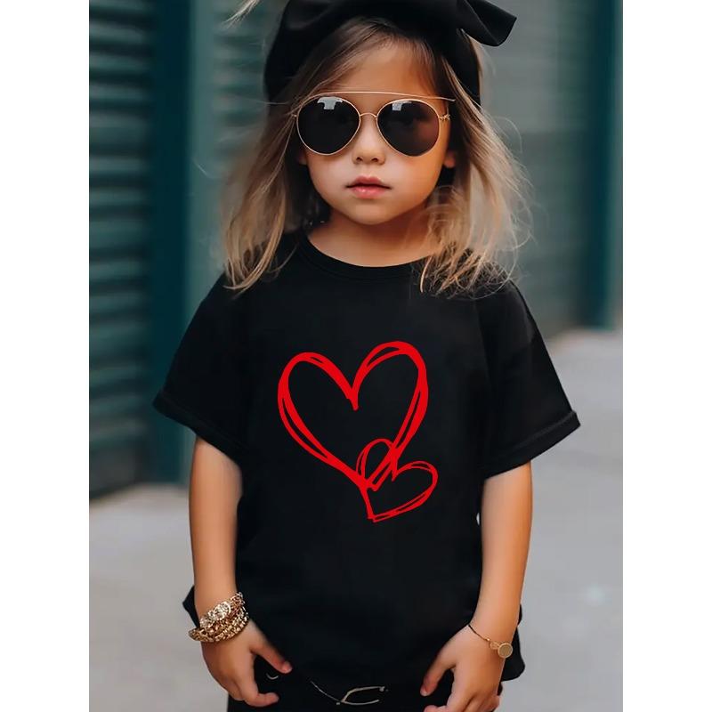 European Sizes Valentine's Day Heart Print  Fun Pattern Girls' T-Shirt, Cute Cartoon Short Sleeve Top for Kids, Toddlers