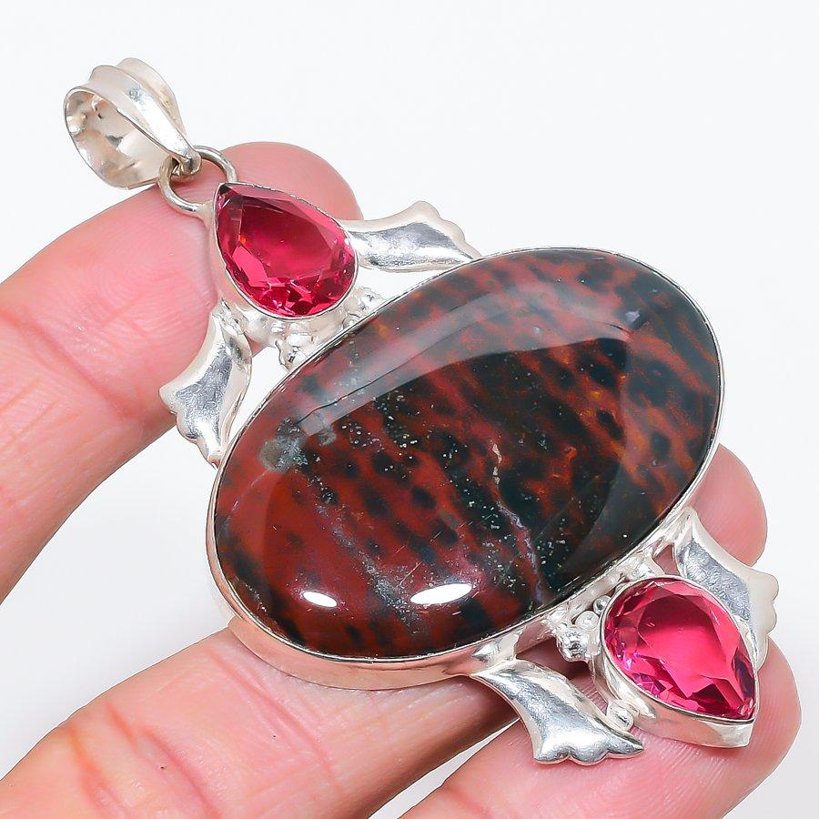 Natural Bloodstone, Rubillite 925 Sterling Silver Jewelry Pendant 3.15" Y9G00