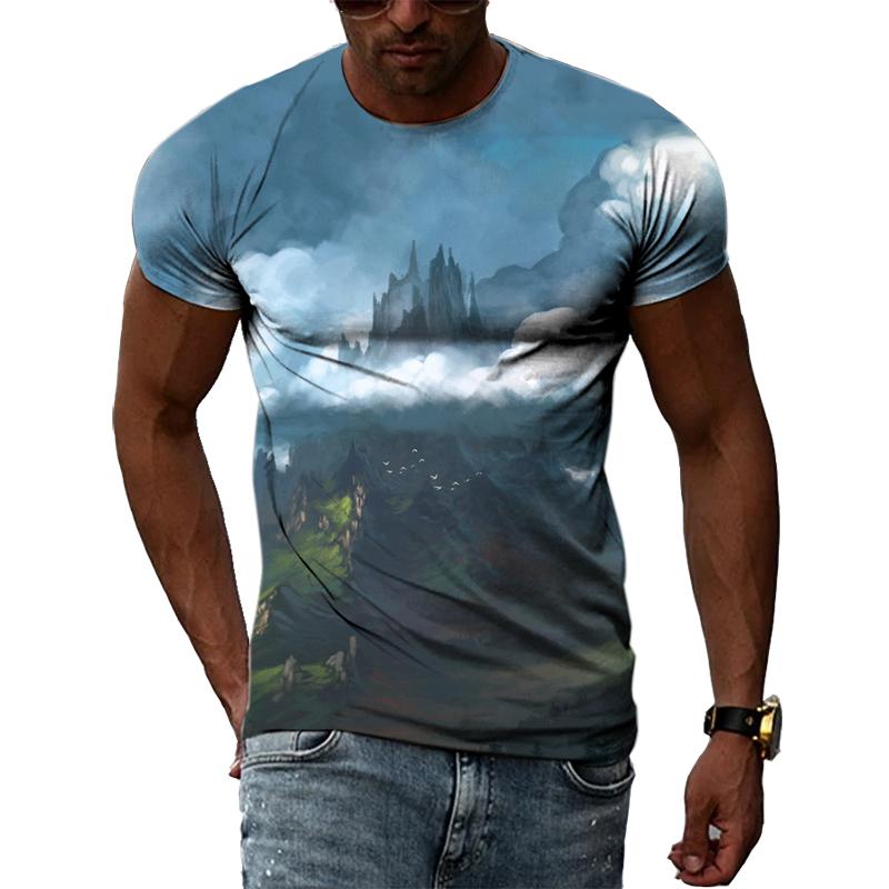 Zajímavé Kreativní Kresba Hrad Krajina Muži Trička 3D Móda Ležérní Osobnost Hip Hop Harajuku Potisk Tričko s krátkým rukávem