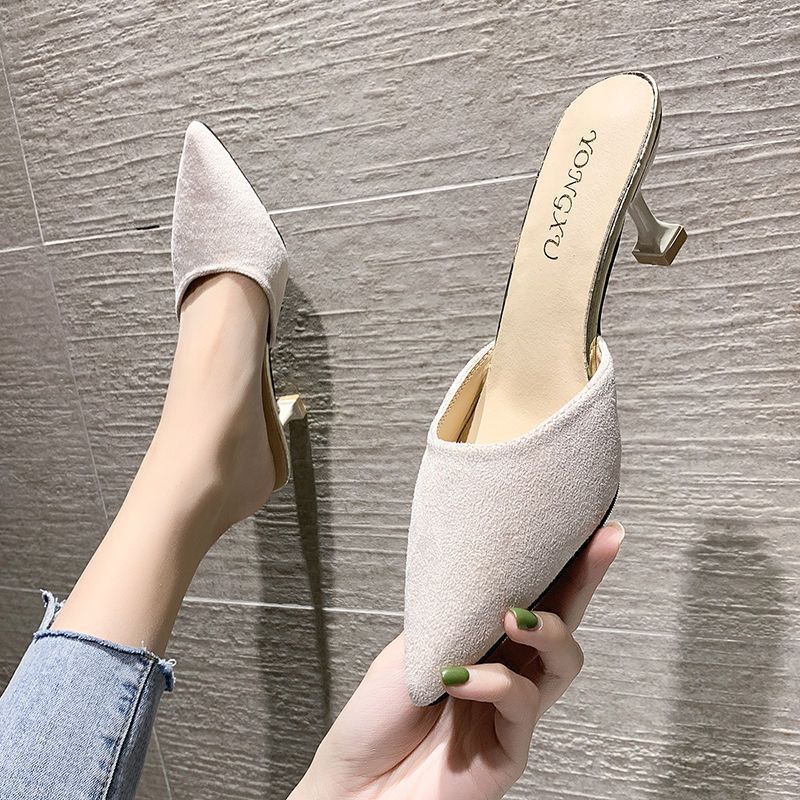 Cool slippers women's 2025 new summer fashion outer wear medium heel thin heel pointed head bag head half drag high heel single shoes ins
