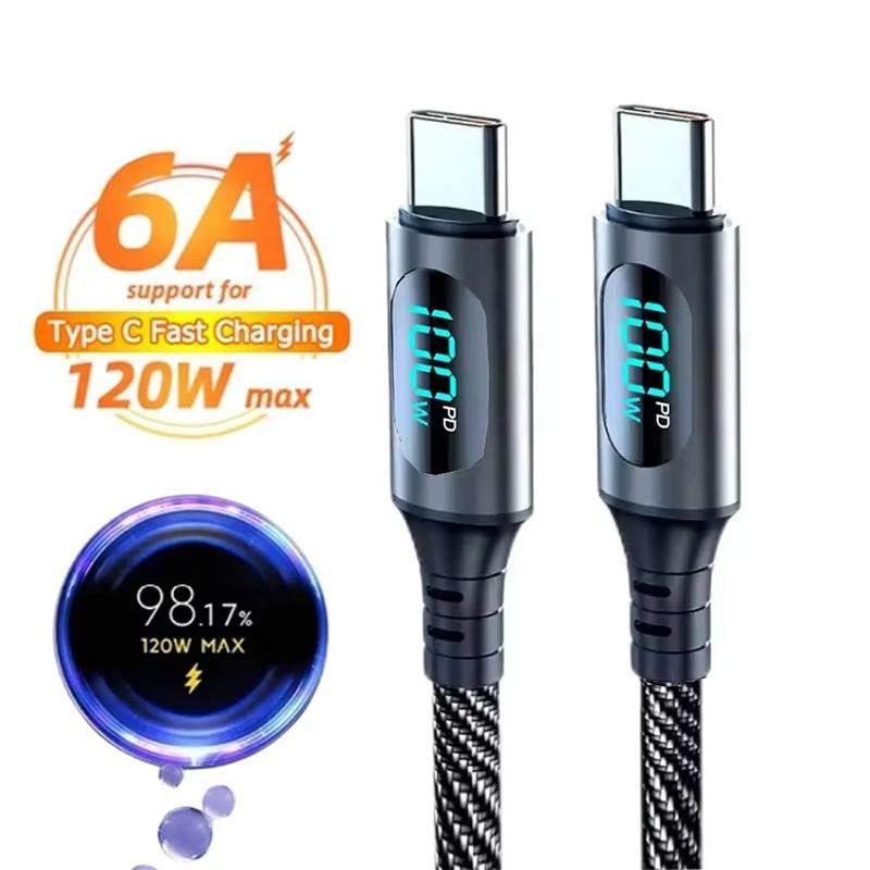 Ultra-Super Fast Charge Cable-6A 120W USB A To Type C Nylon Data Cord For Xiaomi Redmi Samsung With Led Digital Display Cable