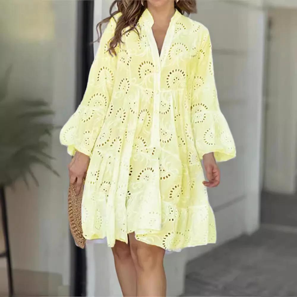 

Весна Лето Повседневное Однотонное Кружевное Платье Женское Элегантное Свободное Платье с V-образным Вырезом и Открытой Вышивкой Женское Винтажное Пляжное Сексуальное Мини-Платье 2XL