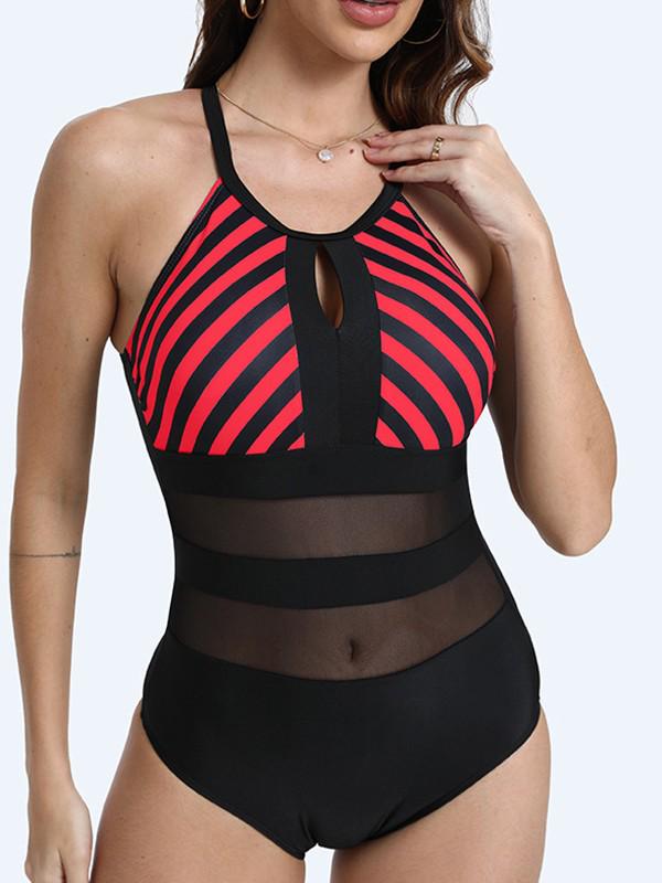 2026 Plus Size Lace Stripe One-Piece Swimsuit