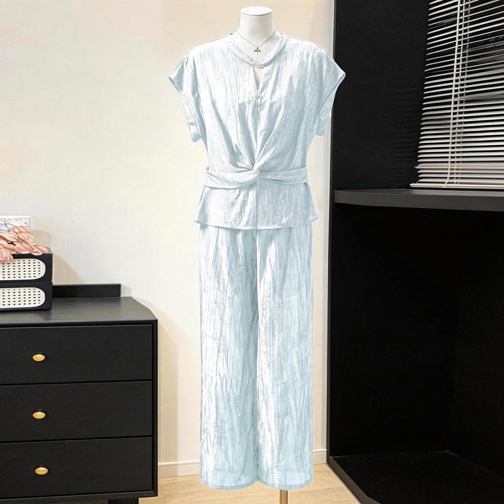 2026 Summer Slimming Two-Piece Set: Waist-Cinching Top & High-Waisted Wide-Leg Pants