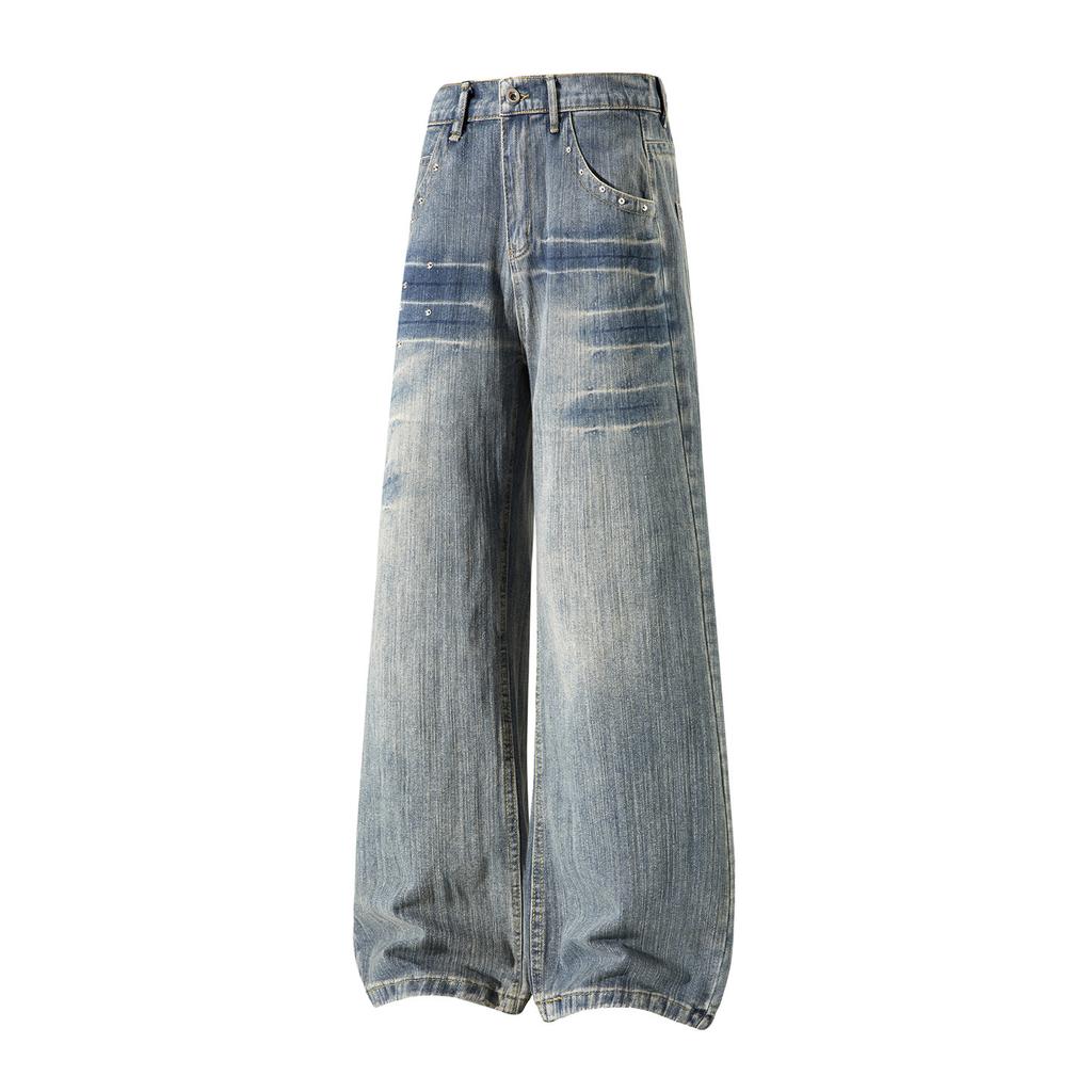 Retro Blue Rivet Design Wide-leg Jeans Men's Summer New American High-waisted Loose and Thin Straight Pants