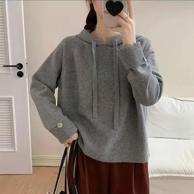 Autumn and Winter New Lazy Wind Hooded Sweater Women's Loose Versatile Solid Color Knitted Sweater Versatile Top