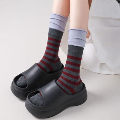 Boneless Striped Mid-calf Socks That Make You Look Slimmer. Color-blocking High-top, Collegiate Style, Women's Color-blocking and Layering Socks