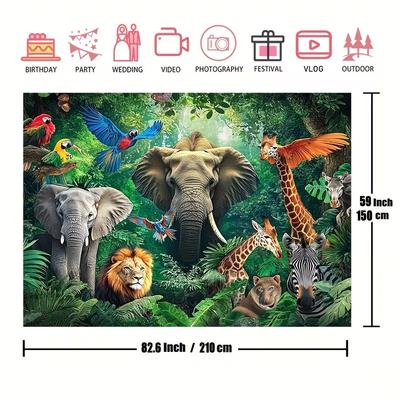 טפט גדול של חיות ג'ונגל 82.6"x59", אמנות קיר יער טרופי פיל אריה ג'ירפה למסיבה ורקע לצילום