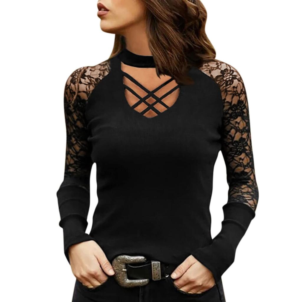 Fashion Womens Color Lace Sexy Casual V-Neck Long Sleeve Top