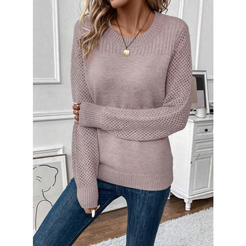 Höst och Vinter Dam Plus Size Rund Hals Långärmad Enfärgad Stickad Tröja Trådad Ihålig Botten Tröja