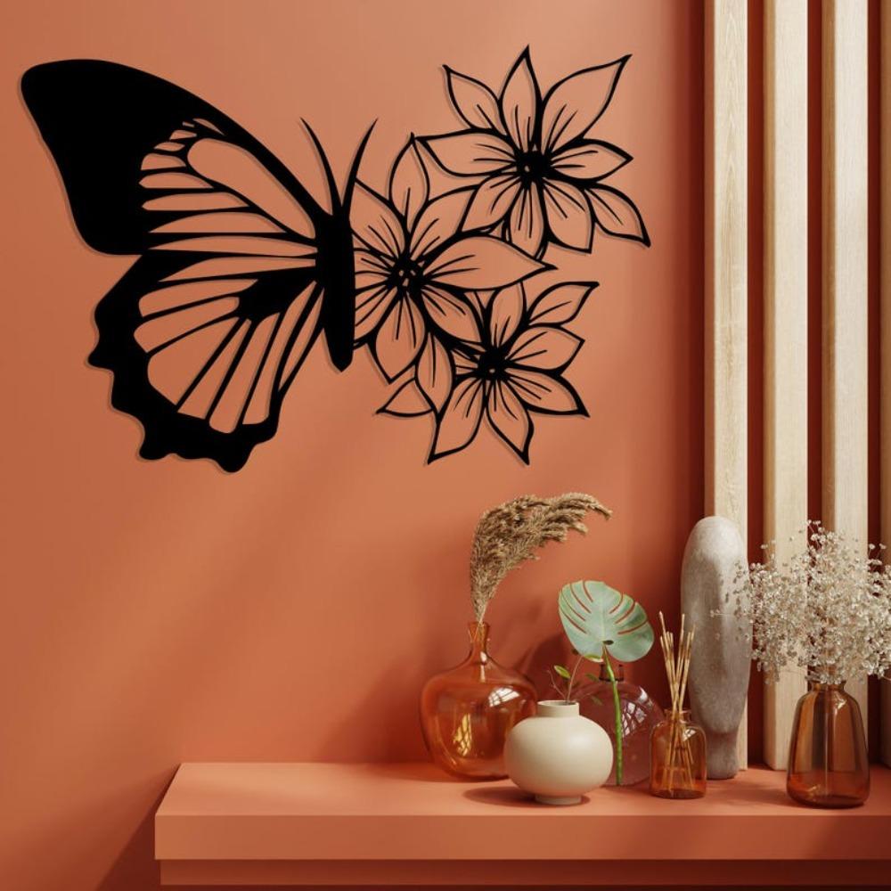 Black Metal Butterfly Flower Wall Art, Textured Steel Decor