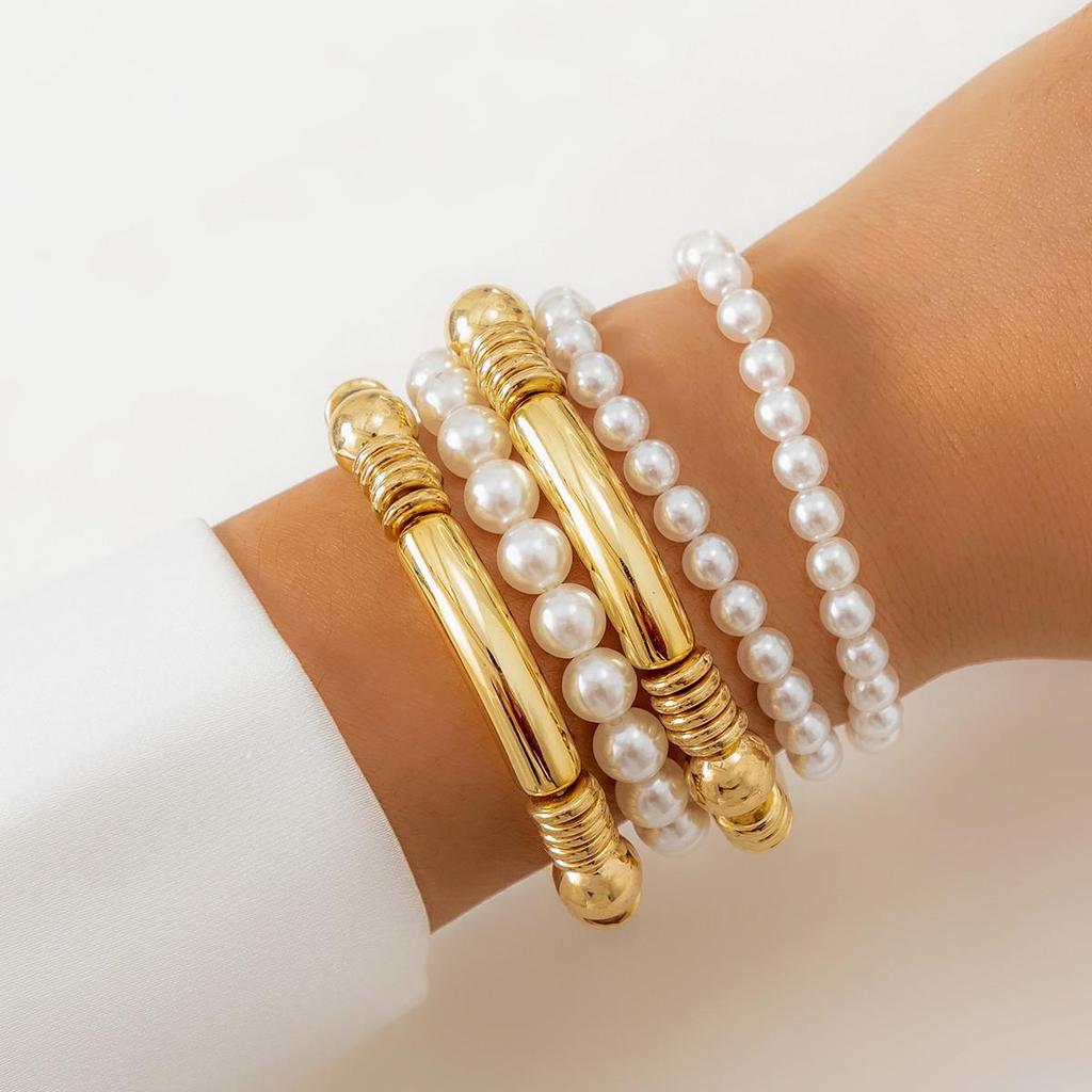Retro Faux Pearl Metallic Bracelet Set: European & American Style, Simple Multi-Piece Beaded Designs