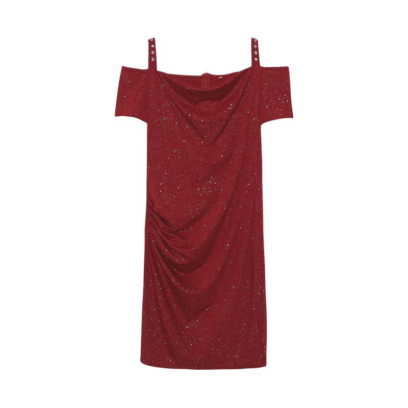 

Европейская станция Летнее черное сексуальное платье с открытыми плечами, облегающее, с оборками на бедрах, с короткими рукавами, платье-футляр для женщин Burgundy S