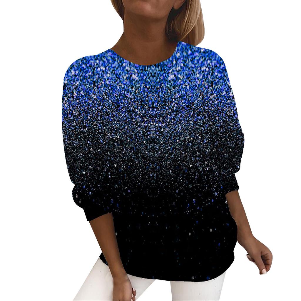 Modne Casualowe Damskie T-shirty z Okrągłym Dekoltem i Błyszczącym Nadrukiem 3D z Długim Rękawem