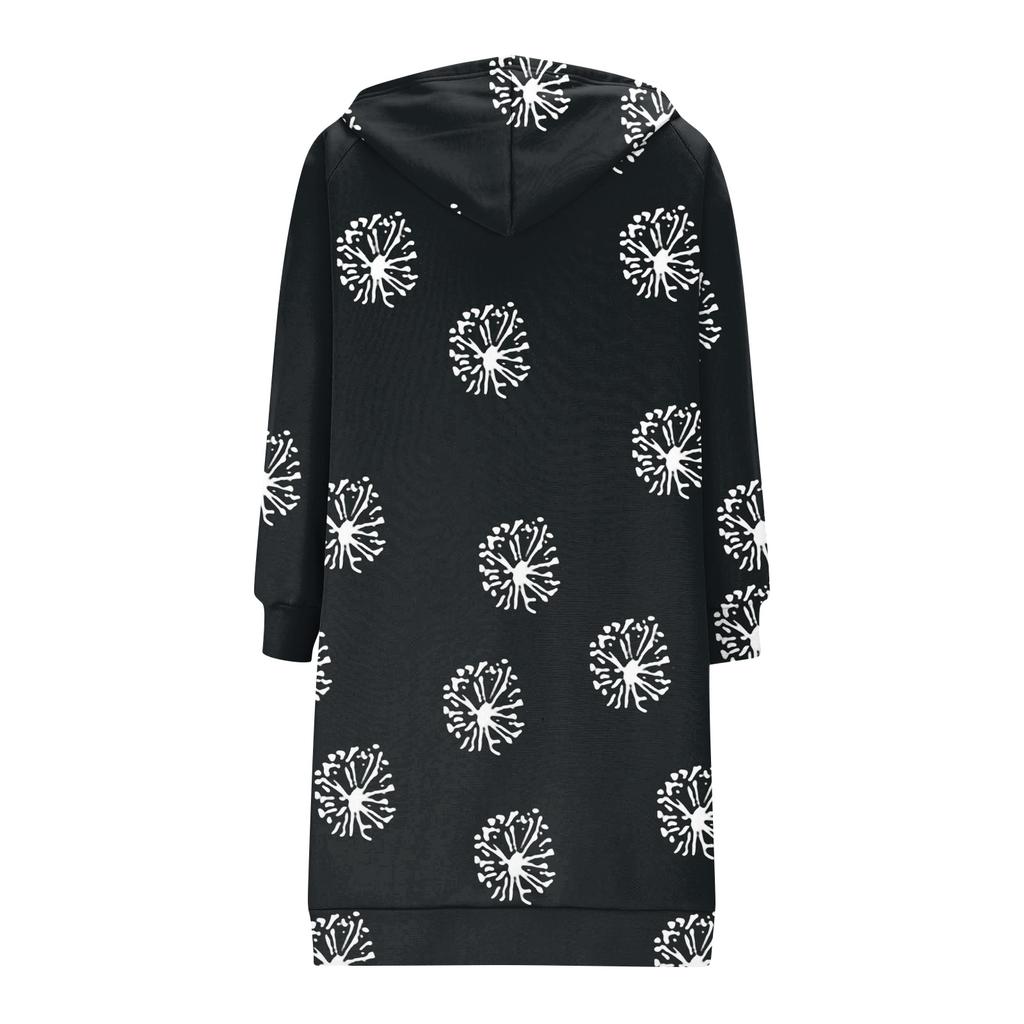 Women's Fashionable Printed  Long Sleeved Drawstring Hooded Zipper Pocket Long Casual Sweatshirt Jacket