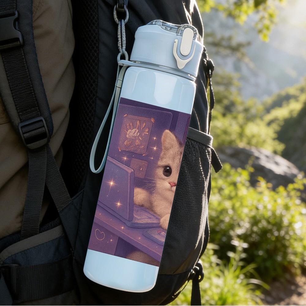 1PC Cat Night Window Indoor Art 750ml Color Plastic Sports Water Bottle Leakproof Flip Straw Lid Suitable for Sports Office Home Use