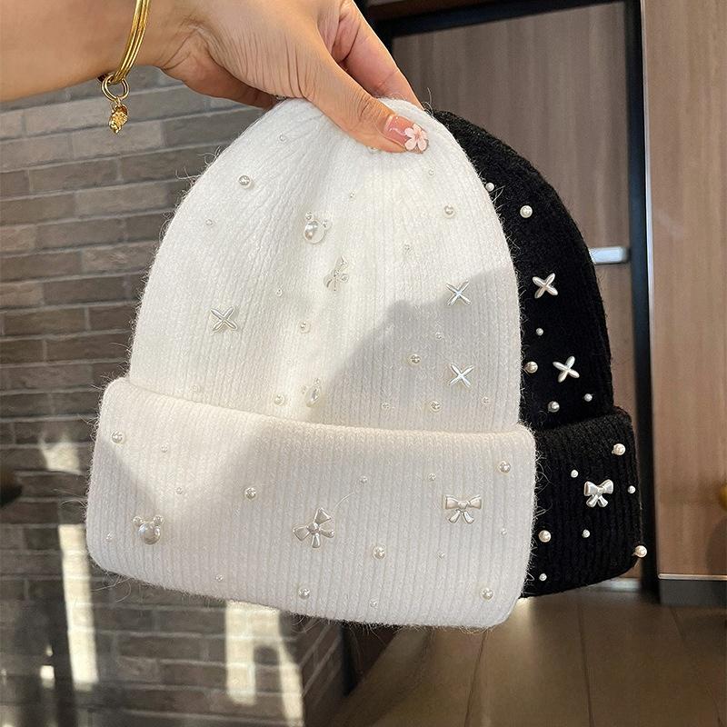 New Luxury Rhinestone Beads Knitted Hat Korean Women Rabbit Fur Wool Skullies Cap Winter Fashion Thickened Warm Bonnet Beaanies