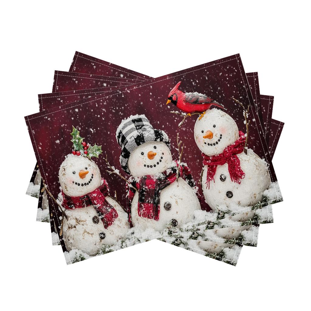 4pc s Winter Snow Scene Placemats Cute Snowman Design, Polyester Fabric, Digital Print 18x11.8 Inch Hand Wash Only