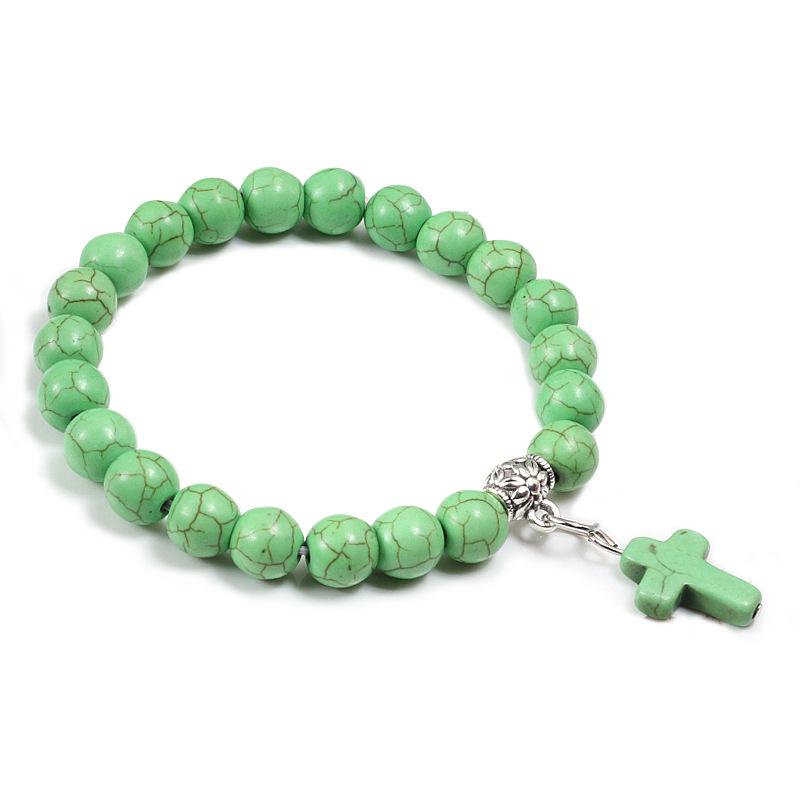Turquoise Lava Stone Cross Pendant Bracelet with Elastic Cord