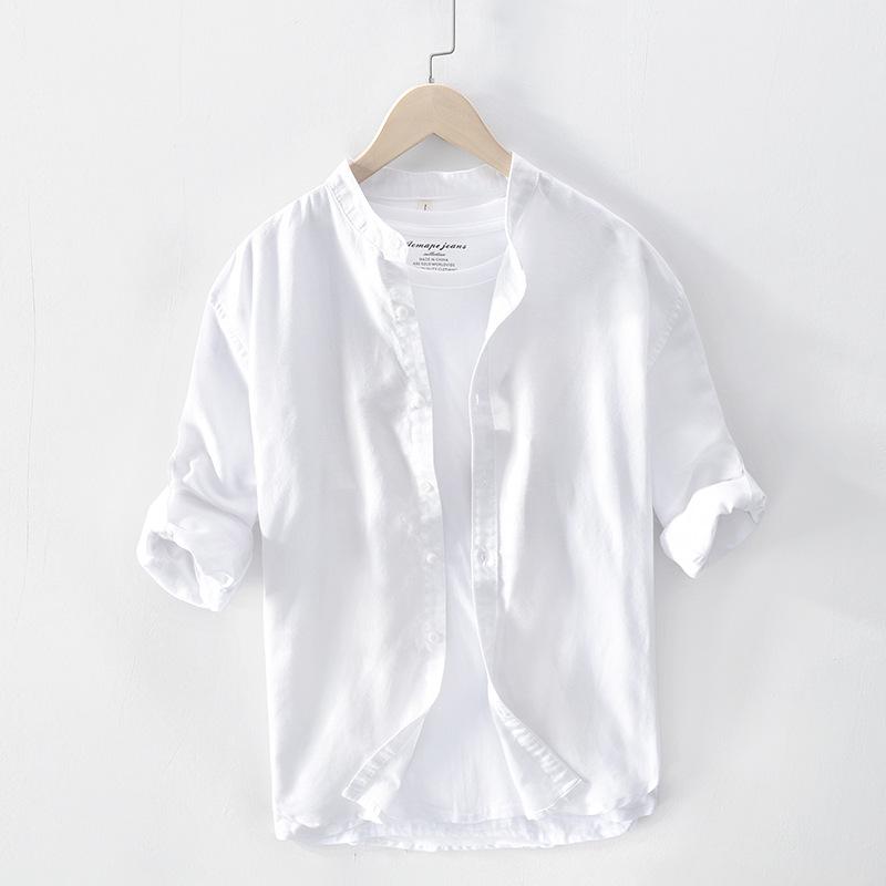 

Men s Stand Collar Cotton Linen Shirt M белый