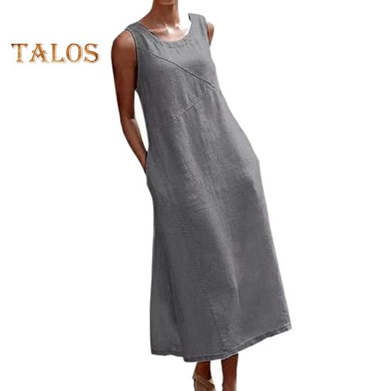 Sleeveless Maxi Dress for Women Loose Crew Neck Tank Dress with Pockets Beach Vacation Long Sundress Summer Casual Outfit