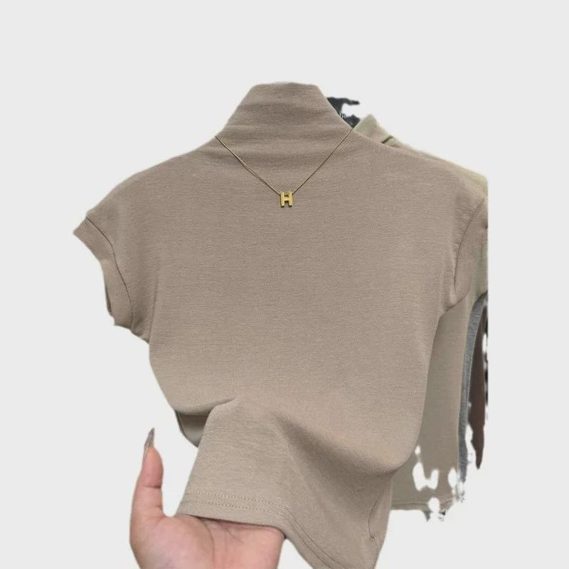 Damen Schwarzes Slim Kurzarm T-Shirt mit Halbochkragen, Frühjahr/Sommer Kollektion 2025