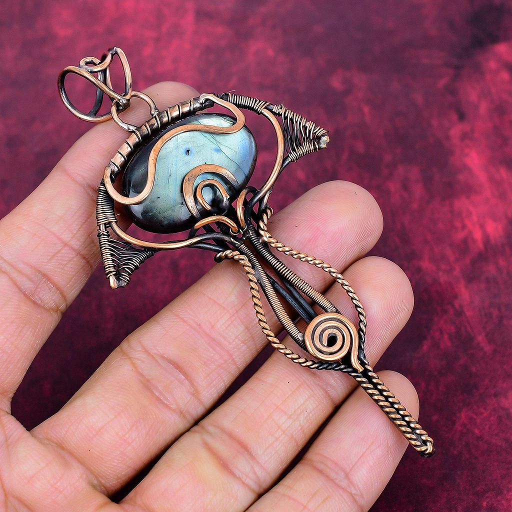 Labradorit Anhänger Edelstein Schmuck Kupferdraht Gewickelter Anhänger Handgefertigter Anhänger