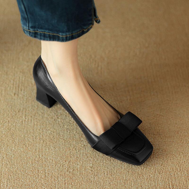 

New low-top shallow single shoes casual high heels black square head one-pedal lazy shoes wear women s leather shoes in all seasons 39 чёрный