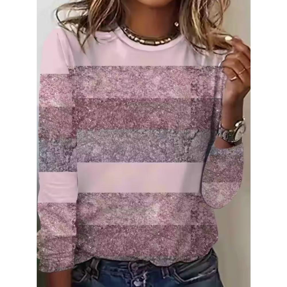 Women's T-Shirt Casual Long Sleeve Stripe Pattern Print Crew Neck Female Oversized Clothing Outdoor Vintage T Shirts