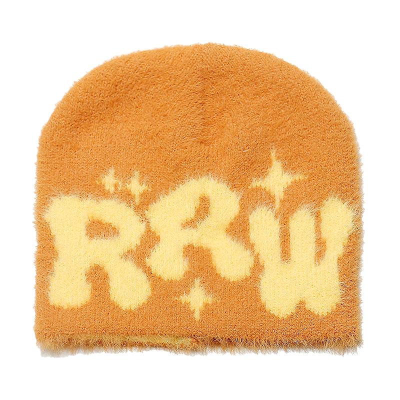 New plush letter beanie hat imitation mink hair beanie warm knitted hat women's winter