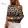 Autumn Blouse Women Top Long Sleeves Contrast Color Diagonal Collar Geo Printing Lady Spring Shirt One Shoulder Warm Elegant Chain for Shopping
