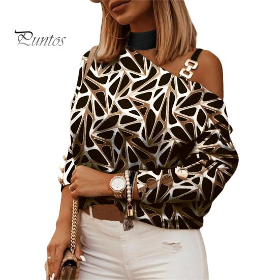 Autumn Blouse Women Top Long Sleeves Contrast Color Diagonal Collar Geo Printing Lady Spring Shirt One Shoulder Warm Elegant Chain for Shopping