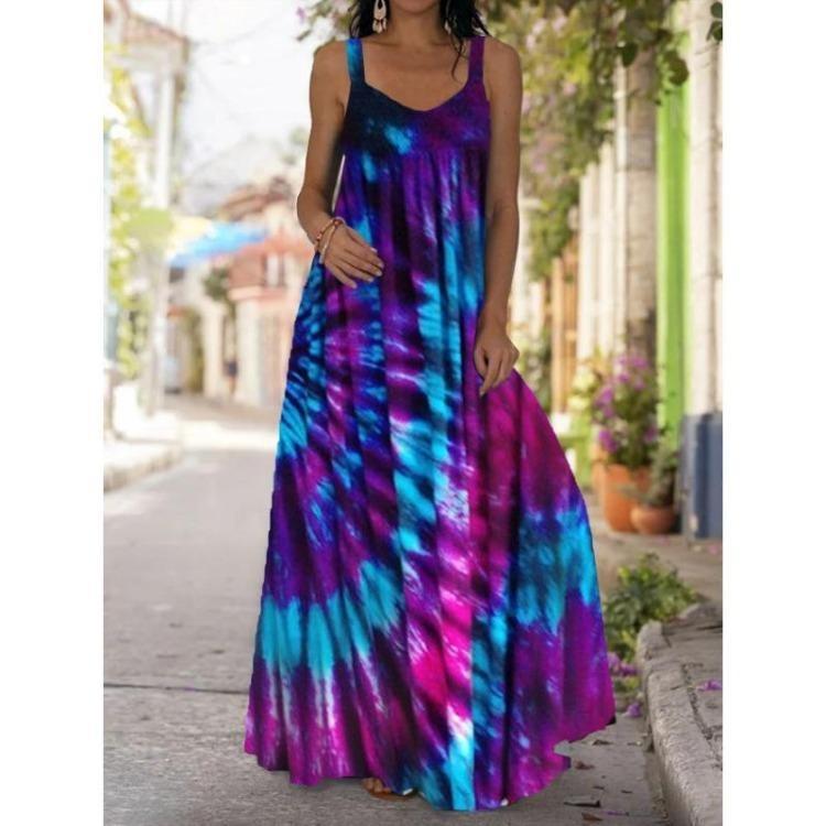 Dámské Boho Letní Maxi Šaty Mimo Rameno Bez Rukávů Volné Kolové V Výstřih Dlouhé Plážové Šaty Větší Velikost Vzdušné Ležérní Šaty S Potiskem