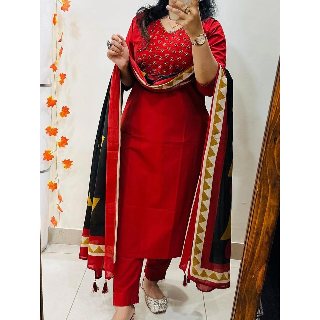 Pakistani Ethnic Cotton Kurti Pant Dupatta Set Indian Bollywood Salwar Kameez