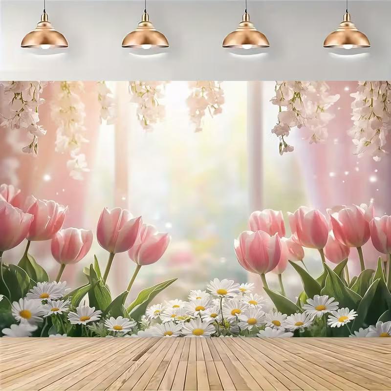 

Dreamy Pink Tulip Daisy Backdrop for Baby Shower, Birthday and Wedding Decor 47.2x31.5inch/120*80cm