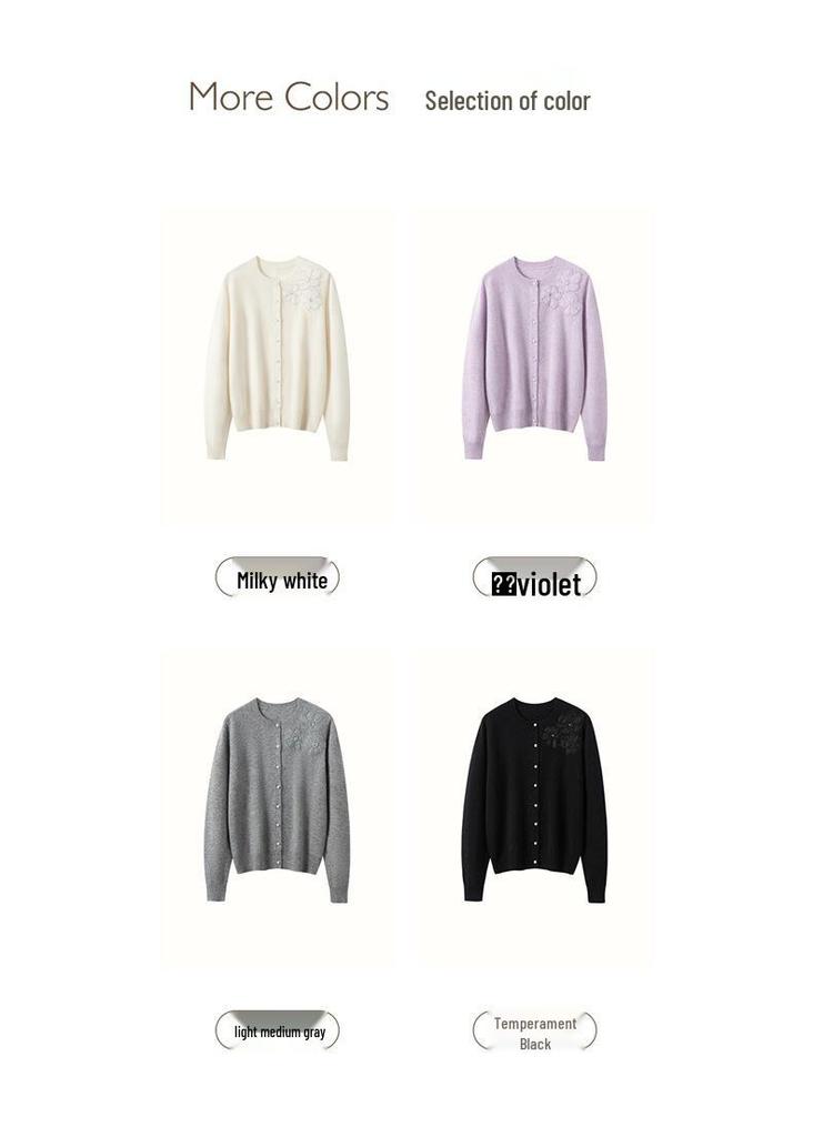 Women's Cashmere Cardigan: 3D Pearl Lace Flowers, Round Neck, Long Sleeve Knitwear for Autumn/Winter.