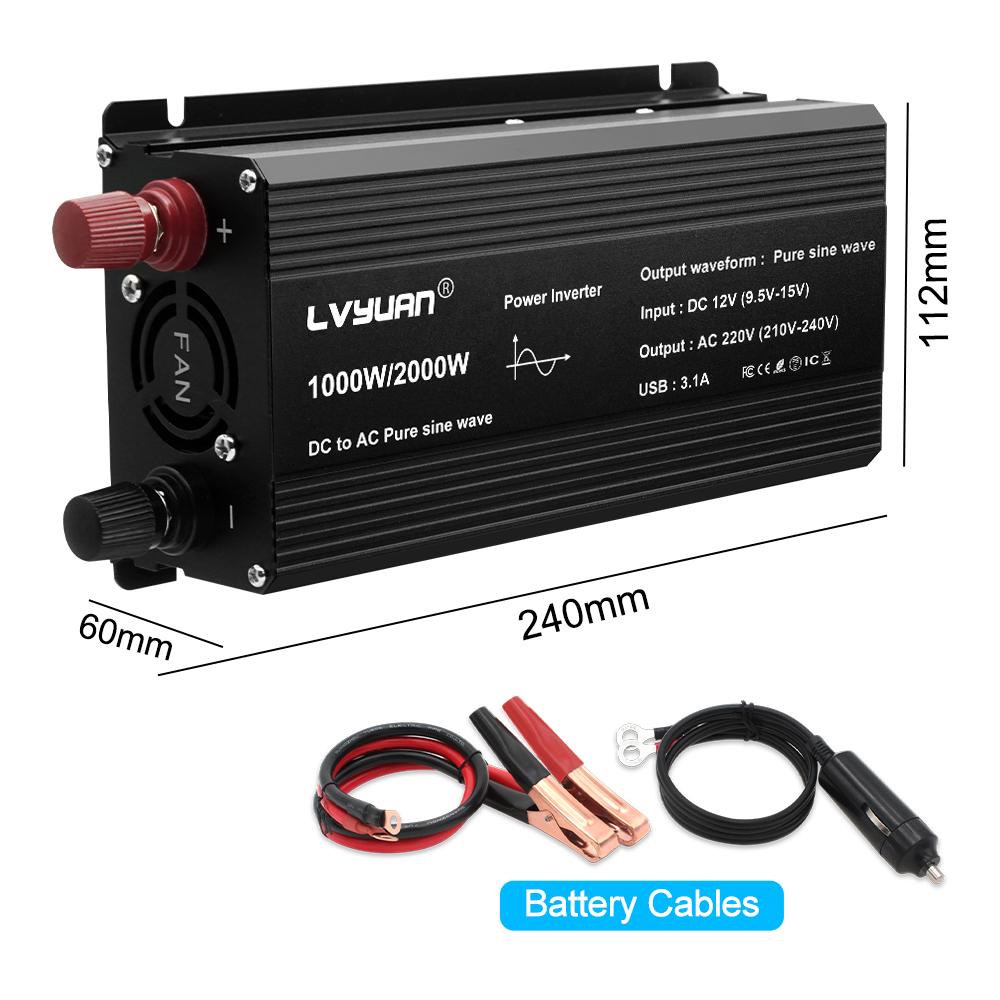 2000W (Vrchol) 12V až 230V 1000W Jmenovitý výkon Pure Sine Inverter 2 x 5V 2,4A USB Vhodné pro kempingové domácí solární systémy mimo síť