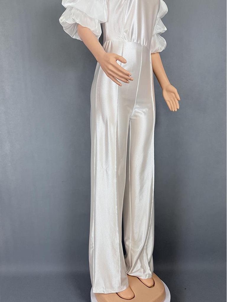 Women's One-Shoulder Stacked Sleeve Jumpsuit Party Dress 5813