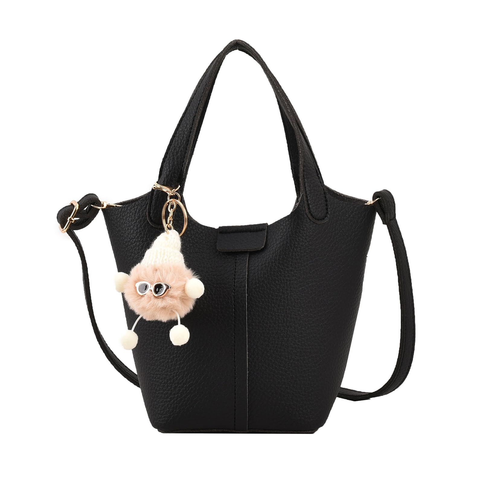 NICOLE & DORIS Сумка-ведро, Кожаная, Женская, Сумка-ведро, Маленькая, с Милым Брелоком, 2-Way, Сумка на Плечо, Сумка через Плечо, Сумка-тоут, Черная, Тип 2