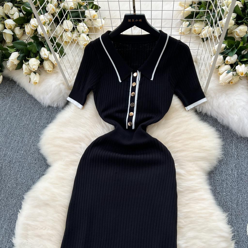 New Summer Women's Polo Knitted Dresses Colorblock Elegant Short Sleeve Buttons Bodycon Wrap Dress Female Dress