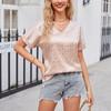 HNXC Women's Fashion Casual Summer Solid Color Print Short Sleeve V-Neck Blouses & Shirts