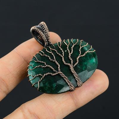 Doppelter Baum des Lebens, im Labor hergestellter Smaragd-Edelstein, Kupferdraht, handgefertigter Anhänger, Schmuck zum Verschenken