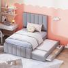90x200cm Cotton Linen Fabric Storage Bed with Drawers Pull-out Bed Headboard Lines Design Strong Wood Slat Support Bed Home Furniture