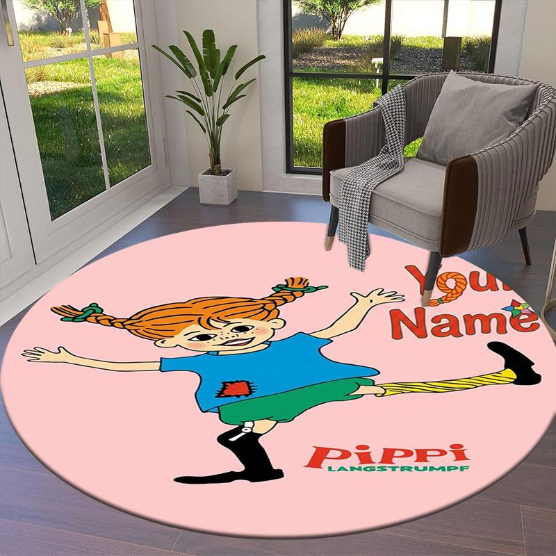 Pippi Longstocking Custom Name Round Area Rug,Carpet Rug for Living Room Bedroom Sofa Playroom Decor,Non-slip Floor Mat