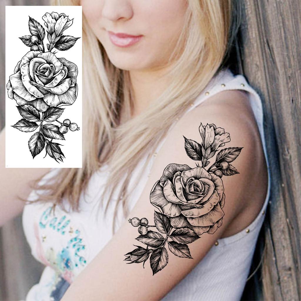 1 Sheet Black Flower Temporary Tattoos For Women Girls Realistic Fake Flora Floral Peony Tattoo Sticker Body Art Painting Decal