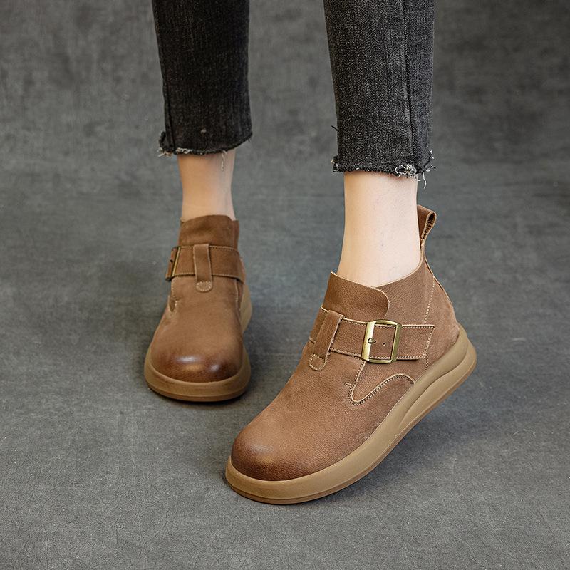 Women's Thick Soled Non Slip Casual Artistic High Top Women's Leather Shoes Autumn and Winter New Addition Velvet Short Boots