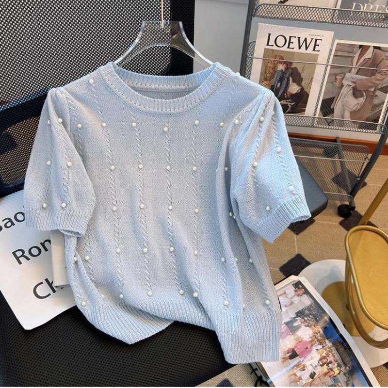 Women Elegant Pearl Decor Puff Sleeve Knit Short Sleeve T Shirt