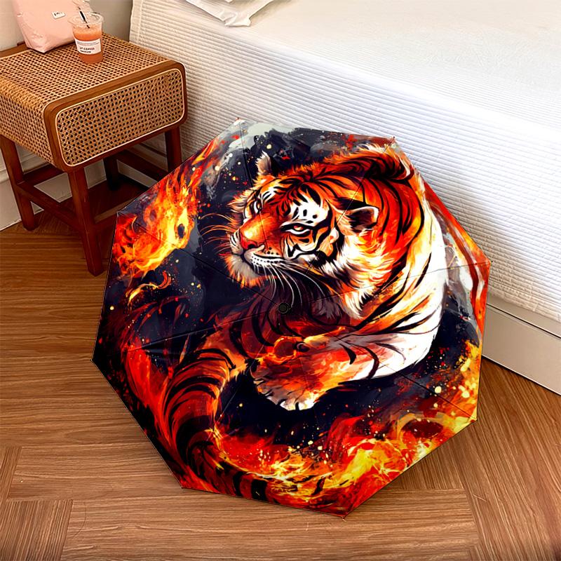 

1 PC Automatic Folding Umbrella - Flaming Tiger Pattern, Portable & Foldable Design with 8 Ribs, Christmas Birthday Gifts