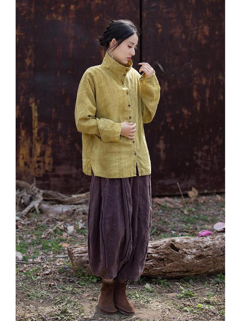 Women's Winter Tie-Dye Ramie Cotton Cardigan - Loose, Semi-High Collar Shirt in National Style.